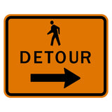 Pedestrian Detour Sign Right Arrow M4-9bR - orange rectangle sign with black walking person pictograph reading DETOUR with right arrow