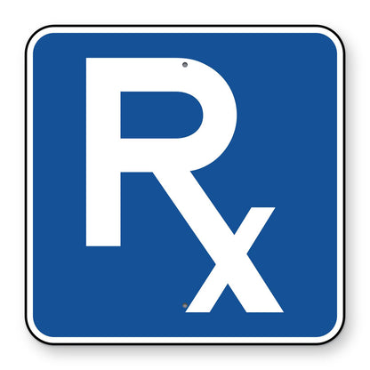 Pharmacy Symbol Sign D9-20 - blue square sign with a white Rx symbol
