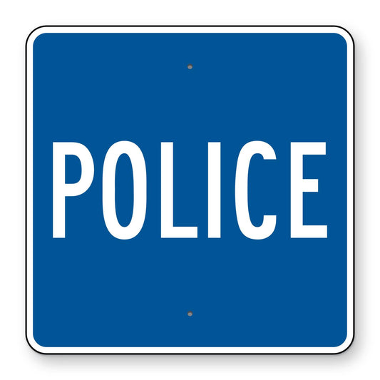 Police Sign D9-14 - blue square sign reading POLICE in white letters