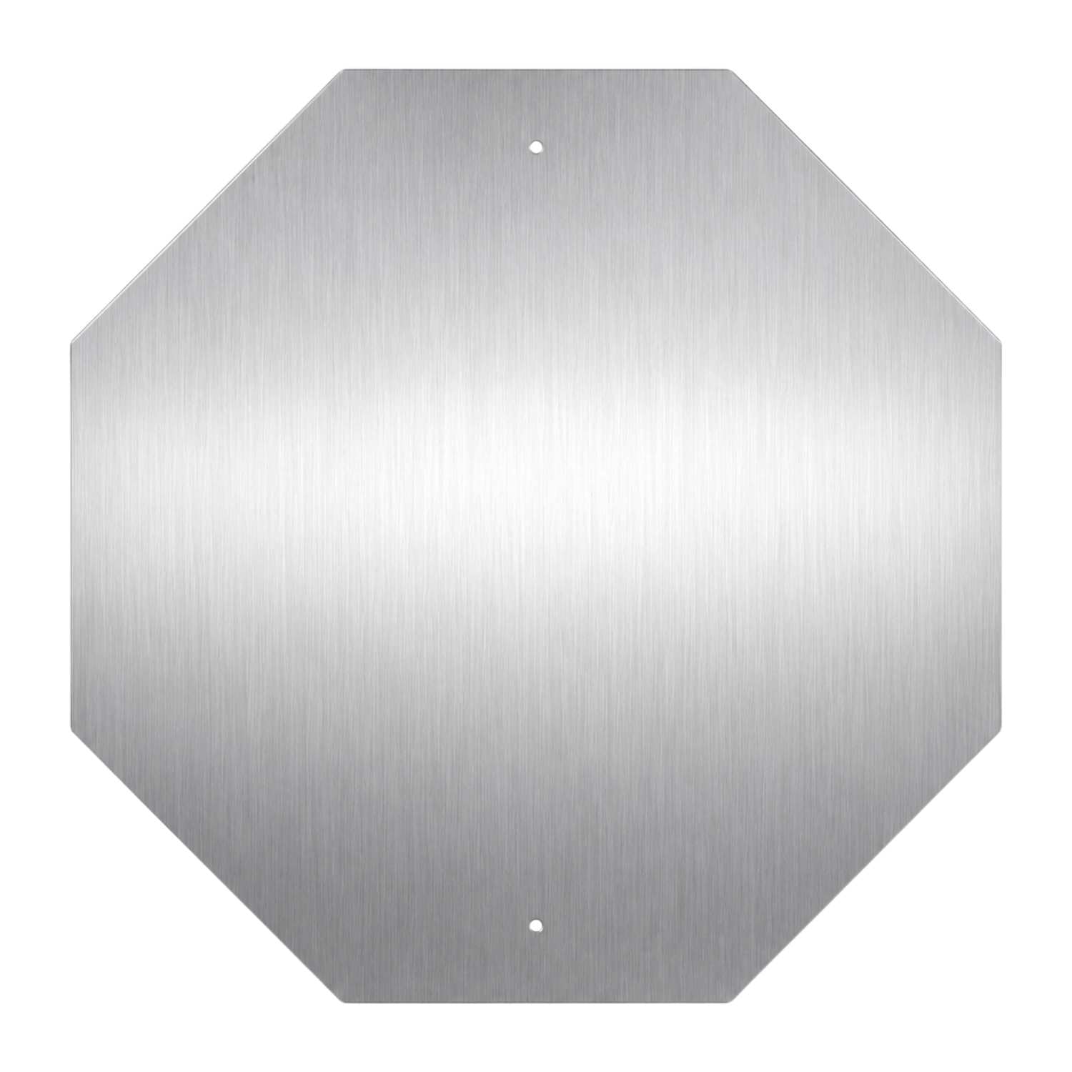 Octagonal, brushed aluminum sign blank with two pre-drilled holes, ready for stop sign application.