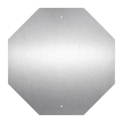Octagonal, brushed aluminum sign blank with two pre-drilled holes, ready for stop sign application.