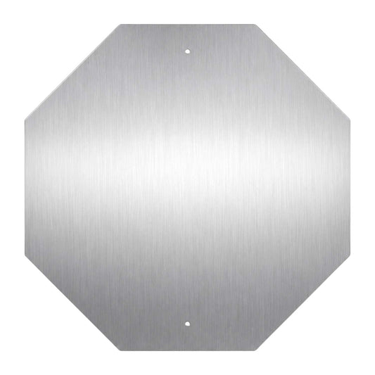 Octagonal, brushed aluminum sign blank with two pre-drilled holes, ready for stop sign application.