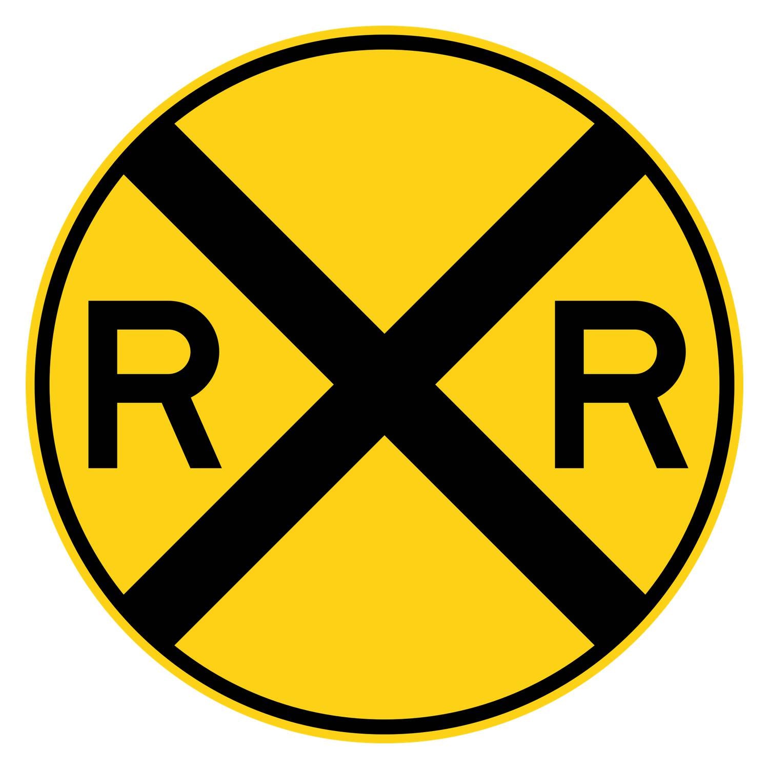 Round yellow W10-1 railroad crossing advance warning sign with black RXR symbol.