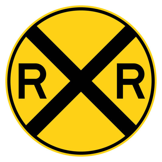 Round yellow W10-1 railroad crossing advance warning sign with black RXR symbol.