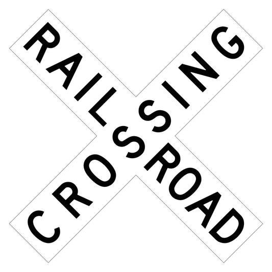 White R15-1 railroad crossing crossbuck sign set with black RAILROAD CROSSING legend.