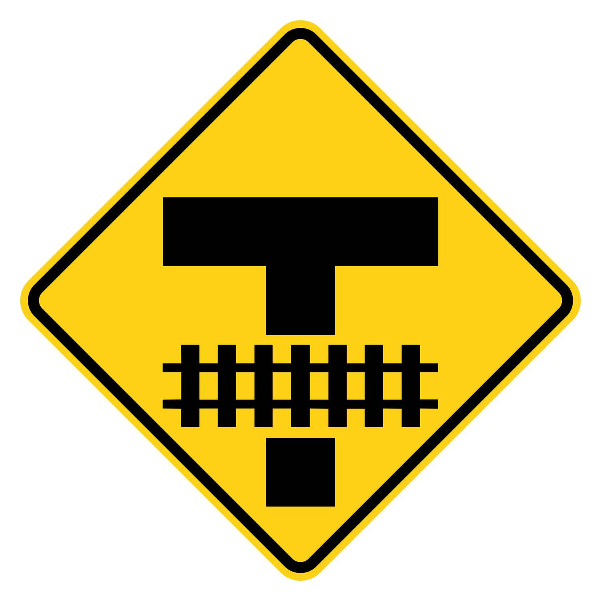 Railroad Storage Space Warning Sign W10-11 - yellow diamond sign with a black symbol of a T intersection and railroad tracks a short distance down the road