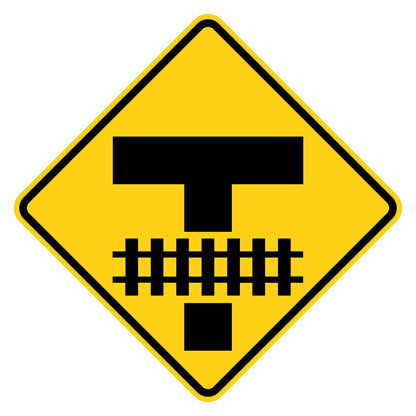Railroad Storage Space Warning Sign W10-11 - yellow diamond sign with a black symbol of a T intersection and railroad tracks a short distance down the road
