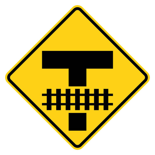 Railroad Storage Space Warning Sign W10-11 - yellow diamond sign with a black symbol of a T intersection and railroad tracks a short distance down the road