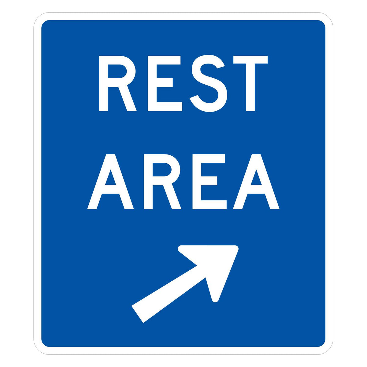 Rest Area Sign D5-2a - blue vertical rectangle sign reading REST AREA in white with a white arrow pointing up and to the right