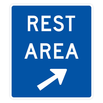 Rest Area Sign D5-2a - blue vertical rectangle sign reading REST AREA in white with a white arrow pointing up and to the right