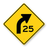 Right Curve 25 MPH Advisory Speed Sign W1-2aR - yellow diamond sign with black right curve arrow above 25