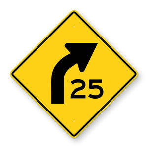 Right Curve 25 MPH Advisory Speed Sign W1-2aR - yellow diamond sign with black right curve arrow above 25