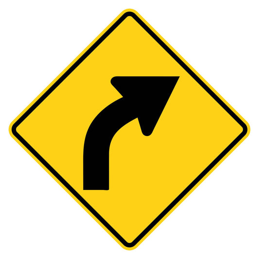 Right Curve Warning Sign W1-2R - yellow diamond sign with black curved right arrow