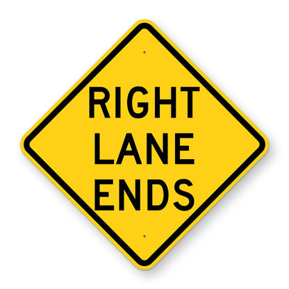 Right Lane Ends Warning Sign W9-1R - yellow diamond sign reading RIGHT LANE ENDS