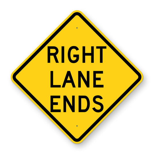 Right Lane Ends Warning Sign W9-1R - yellow diamond sign reading RIGHT LANE ENDS