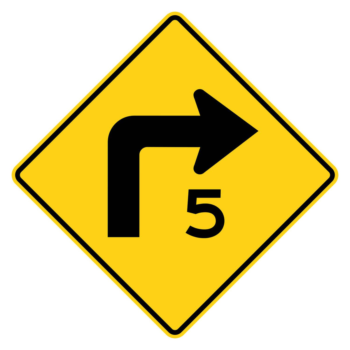 Right Turn 5 MPH Advisory Speed Sign W1-1aR - yellow diamond sign with black right turn arrow above 5