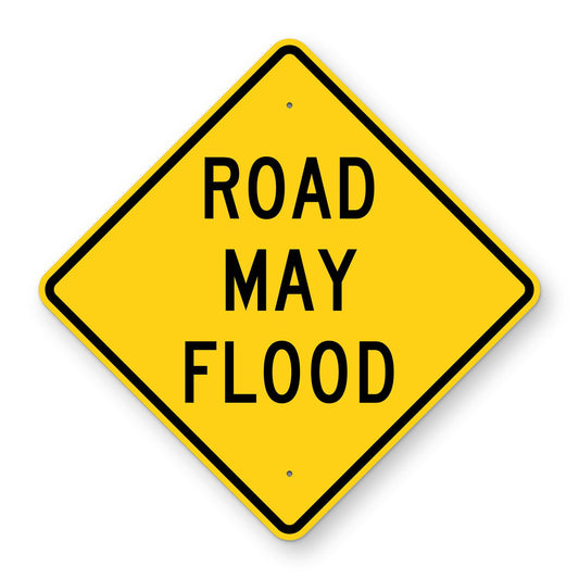 Road May Flood Warning Sign W8-18 - yellow diamond sign reading ROAD MAY FLOOD
