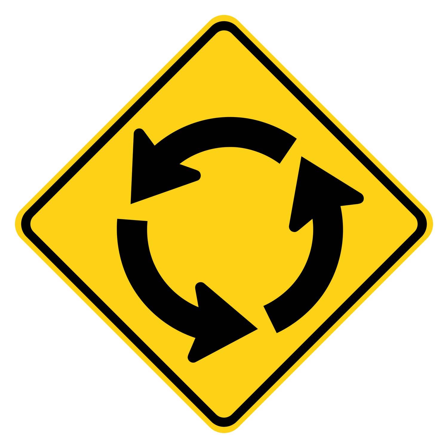 Yellow diamond-shaped W2-6 roundabout warning sign with black circulating arrows symbol.