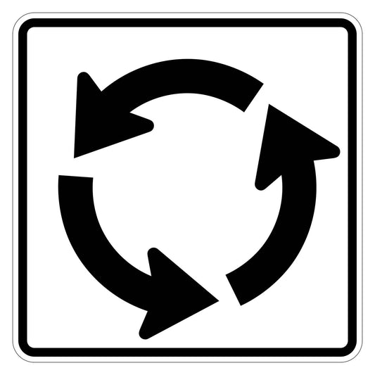 White square R6-5P roundabout circulation plaque with black circulating arrows.