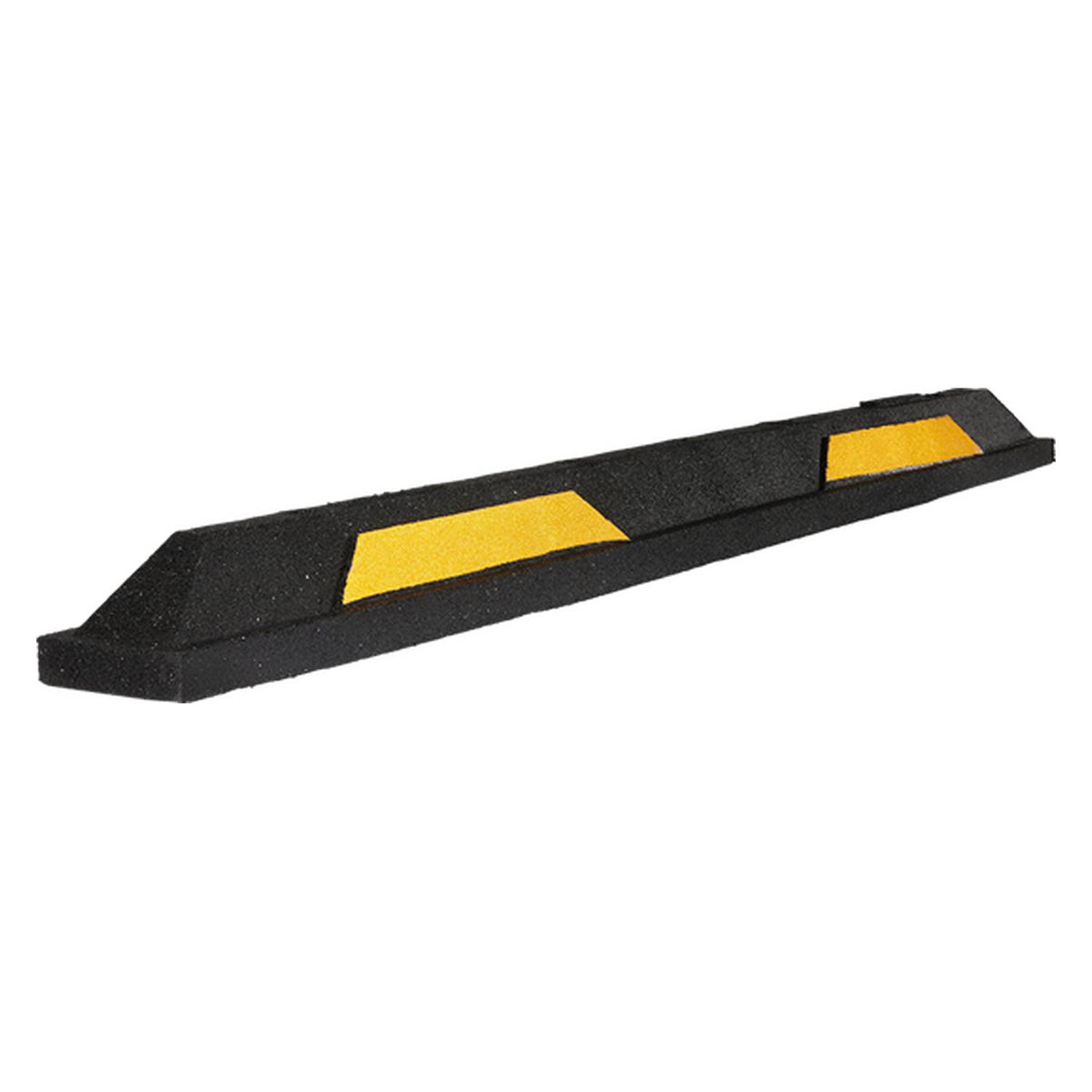 Black rubber parking block with yellow reflective strips