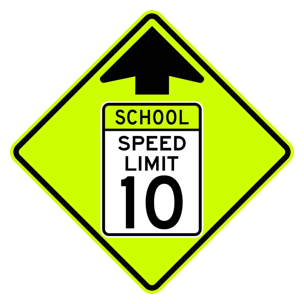 School Speed Limit Ahead 10 MPH Sign S4-5 - fluorescent yellow-green diamond sign with black up arrow above a white panel reading SCHOOL SPEED LIMIT 10