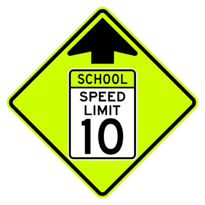 School Speed Limit Ahead 10 MPH Sign S4-5 - fluorescent yellow-green diamond sign with black up arrow above a white panel reading SCHOOL SPEED LIMIT 10