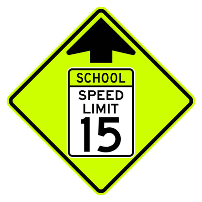 School Speed Limit Ahead 15 MPH Sign S4-5 - fluorescent yellow-green diamond sign with black up arrow above a white panel reading SCHOOL SPEED LIMIT 15