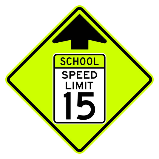 School Speed Limit Ahead 15 MPH Sign S4-5 - fluorescent yellow-green diamond sign with black up arrow above a white panel reading SCHOOL SPEED LIMIT 15