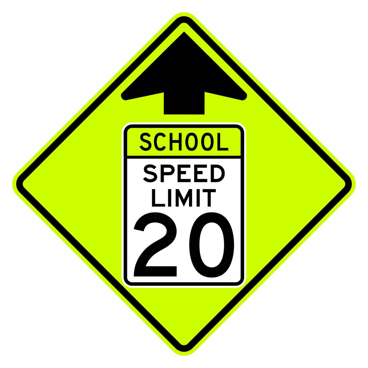 School Speed Limit Ahead 20 MPH Sign S4-5 - fluorescent yellow-green diamond sign with black up arrow above a white panel reading SCHOOL SPEED LIMIT 20