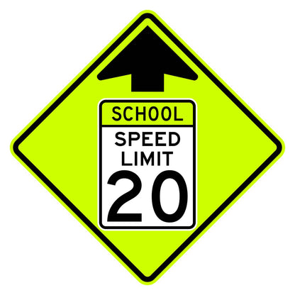 School Speed Limit Ahead 20 MPH Sign S4-5 - fluorescent yellow-green diamond sign with black up arrow above a white panel reading SCHOOL SPEED LIMIT 20