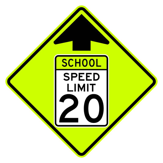 School Speed Limit Ahead 20 MPH Sign S4-5 - fluorescent yellow-green diamond sign with black up arrow above a white panel reading SCHOOL SPEED LIMIT 20