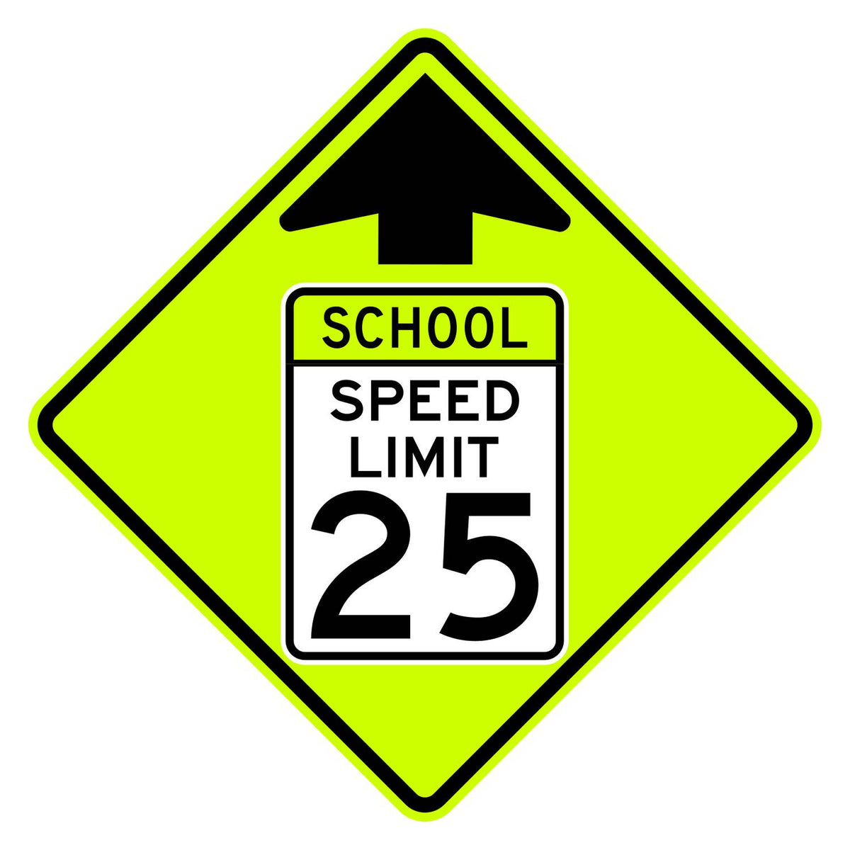 School Speed Limit Ahead 25 MPH Sign S4-5 - fluorescent yellow-green diamond sign with black up arrow above a white panel reading SCHOOL SPEED LIMIT 25