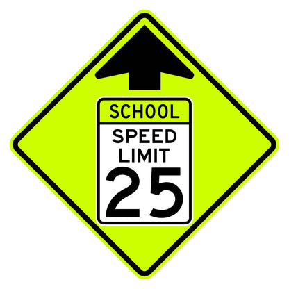 School Speed Limit Ahead 25 MPH Sign S4-5 - fluorescent yellow-green diamond sign with black up arrow above a white panel reading SCHOOL SPEED LIMIT 25