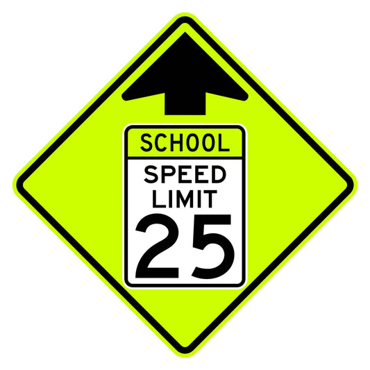 School Speed Limit Ahead 25 MPH Sign S4-5 - fluorescent yellow-green diamond sign with black up arrow above a white panel reading SCHOOL SPEED LIMIT 25