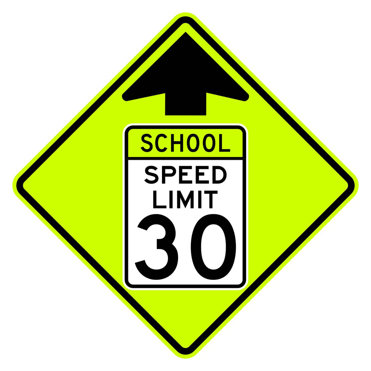 School Speed Limit Ahead 30 MPH Sign S4-5 - fluorescent yellow-green diamond sign with black up arrow above a white panel reading SCHOOL SPEED LIMIT 30