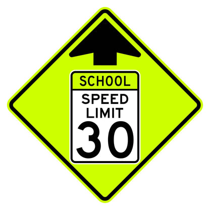 School Speed Limit Ahead 30 MPH Sign S4-5 - fluorescent yellow-green diamond sign with black up arrow above a white panel reading SCHOOL SPEED LIMIT 30