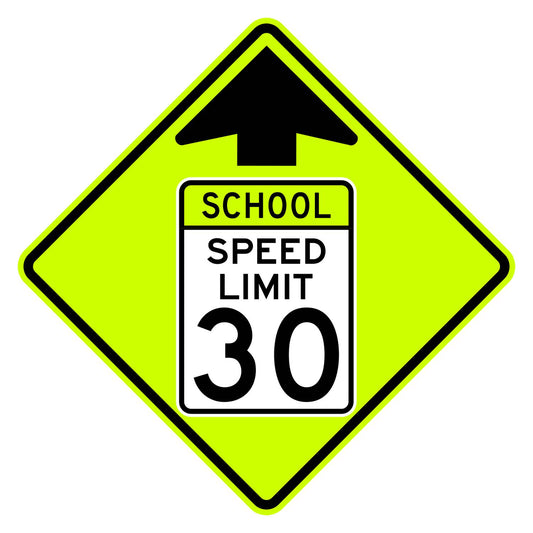 School Speed Limit Ahead 30 MPH Sign S4-5 - fluorescent yellow-green diamond sign with black up arrow above a white panel reading SCHOOL SPEED LIMIT 30