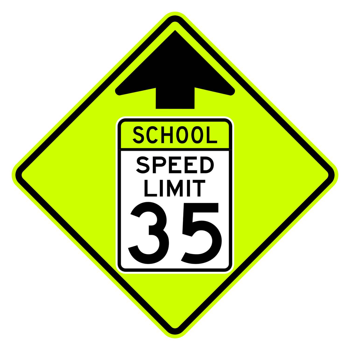 School Speed Limit Ahead 35 MPH Sign S4-5 - fluorescent yellow-green diamond sign with black up arrow above a white panel reading SCHOOL SPEED LIMIT 35