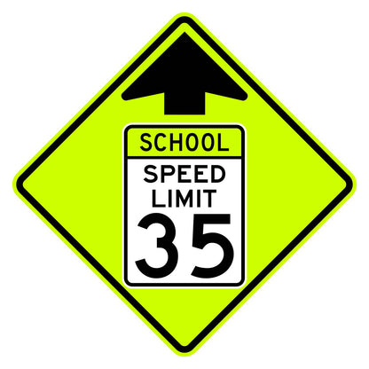 School Speed Limit Ahead 35 MPH Sign S4-5 - fluorescent yellow-green diamond sign with black up arrow above a white panel reading SCHOOL SPEED LIMIT 35