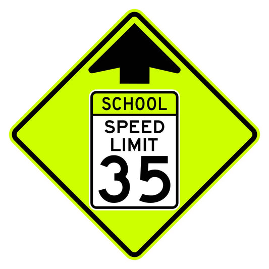 School Speed Limit Ahead 35 MPH Sign S4-5 - fluorescent yellow-green diamond sign with black up arrow above a white panel reading SCHOOL SPEED LIMIT 35