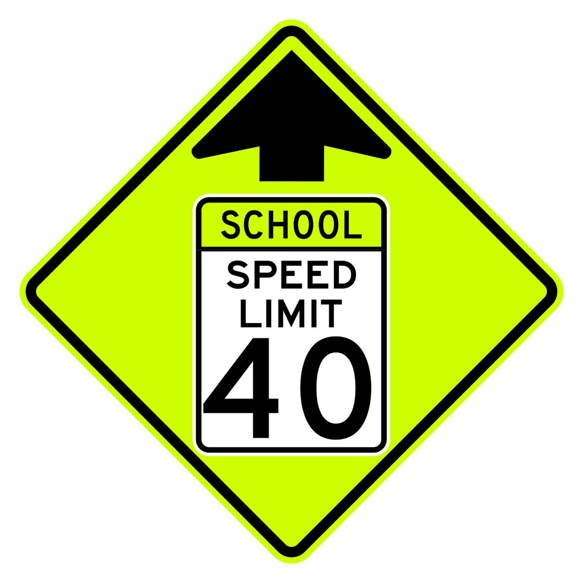 School Speed Limit Ahead 40 MPH Sign S4-5 - fluorescent yellow-green diamond sign with black up arrow above a white panel reading SCHOOL SPEED LIMIT 40