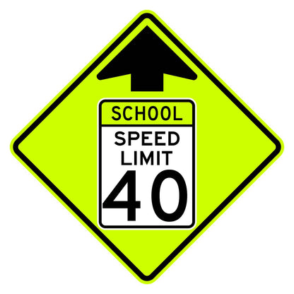 School Speed Limit Ahead 40 MPH Sign S4-5 - fluorescent yellow-green diamond sign with black up arrow above a white panel reading SCHOOL SPEED LIMIT 40