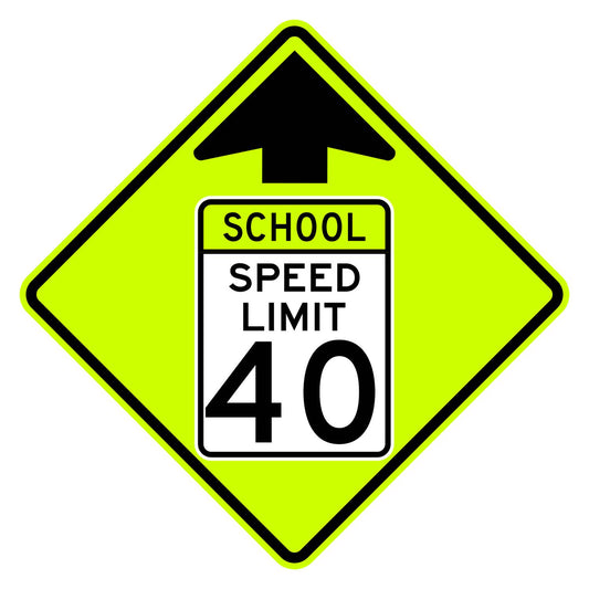 School Speed Limit Ahead 40 MPH Sign S4-5 - fluorescent yellow-green diamond sign with black up arrow above a white panel reading SCHOOL SPEED LIMIT 40