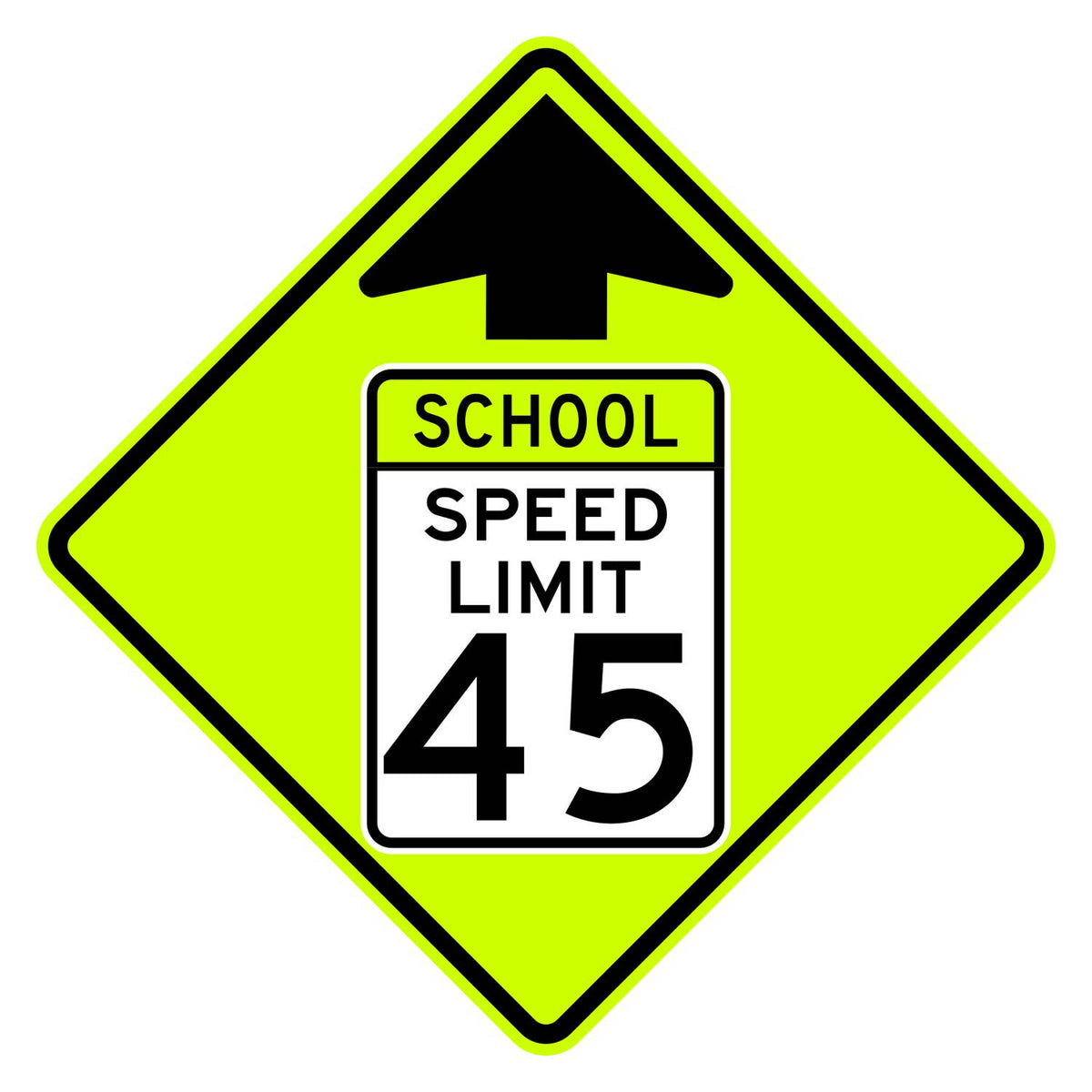 School Speed Limit Ahead 45 MPH Sign S4-5 - fluorescent yellow-green diamond sign with black up arrow above a white panel reading SCHOOL SPEED LIMIT 45