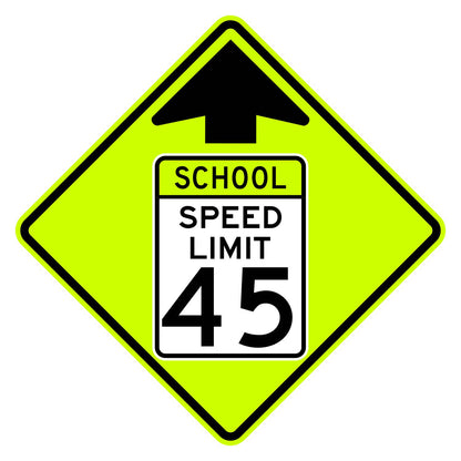 School Speed Limit Ahead 45 MPH Sign S4-5 - fluorescent yellow-green diamond sign with black up arrow above a white panel reading SCHOOL SPEED LIMIT 45