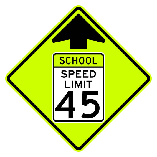 School Speed Limit Ahead 45 MPH Sign S4-5 - fluorescent yellow-green diamond sign with black up arrow above a white panel reading SCHOOL SPEED LIMIT 45
