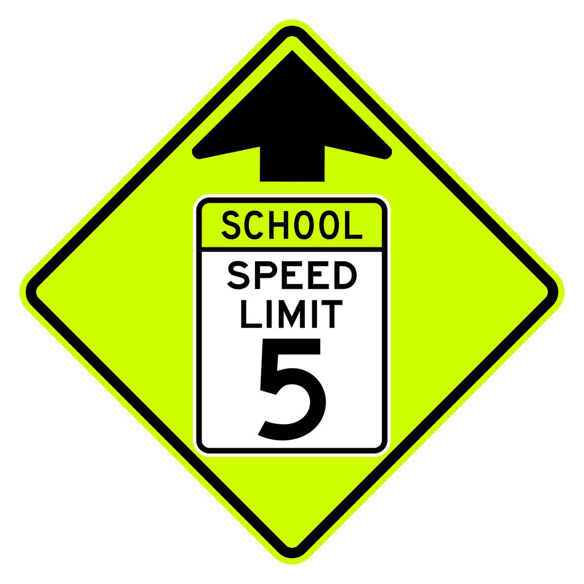 School Speed Limit Ahead 5 MPH Sign S4-5 - fluorescent yellow-green diamond sign with black up arrow above a white panel reading SCHOOL SPEED LIMIT 5