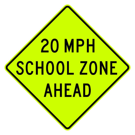 School Speed Zone Ahead 20 MPH Sign S4-5a - fluorescent yellow-green diamond sign reading 20 MPH SCHOOL ZONE AHEAD in black