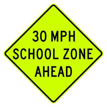 School Speed Zone Ahead 30 MPH Sign S4-5a - fluorescent yellow-green diamond sign reading 30 MPH SCHOOL ZONE AHEAD in black
