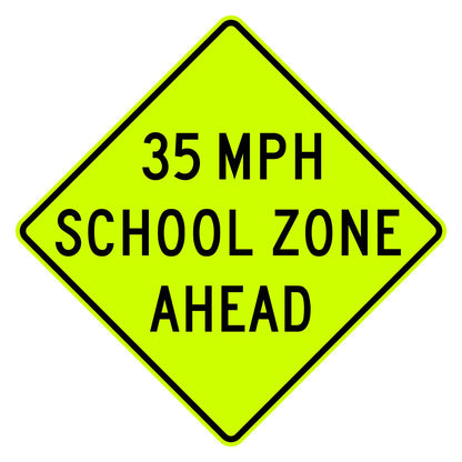 School Speed Zone Ahead 35 MPH Sign S4-5a - fluorescent yellow-green diamond sign reading 35 MPH SCHOOL ZONE AHEAD in black
